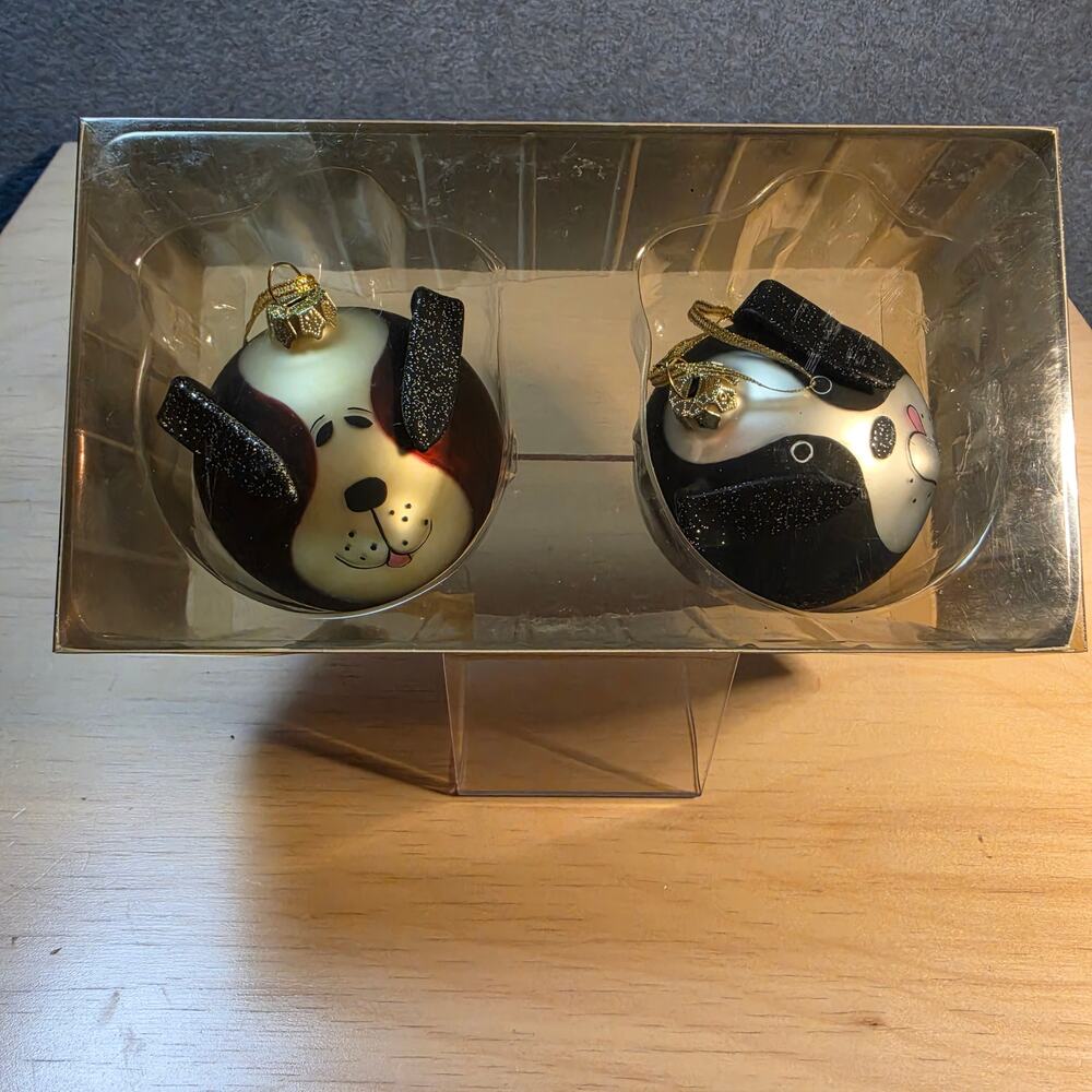 Vintage AMC Sterling Glass Dog Face Christmas Ornaments Set of 2 Hound Puppy